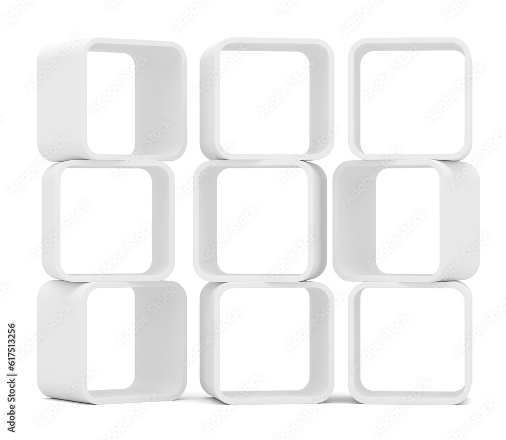Poster three empty white rounded showcase. isolated on white. mock-up. template shelves. 3d rendering