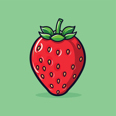A red strawberry with green leaves on a green background