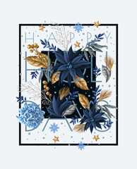 Bouquets with blue poinsettia and gold elements. Vector.