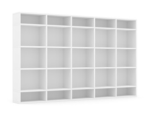 Empty bookshelf or store rack, isolated on white. 3D illustration