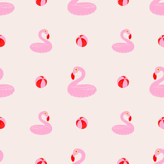 Pink flamingo inflatable ring and balls seamless pattern. Hand drawn textured lino cut style summer illustrations backdrop. © Elen Koss