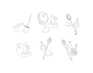 Hygiene compositions with bathroom accessories shampoo, soap, toilet paper, brush, mirror, ear sticks, cosmetic wipes, cotton sponge, pumice stone, bath brush, shower gel, washcloth drawing on white b