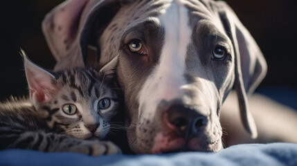 Close-up of a Great Dane Dog and a Tabby Cat face-to-face