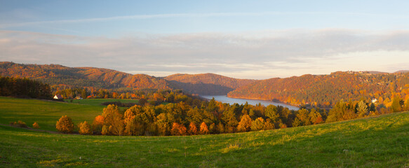 View form hill on the water dam Slapy.Autumn scenery.