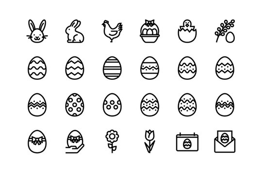 Easter egg, bunny icon set, adjustable line weight rabbit, basket, holiday, celebration icons design, vector chicks, seasonal, festive, ornament graphic