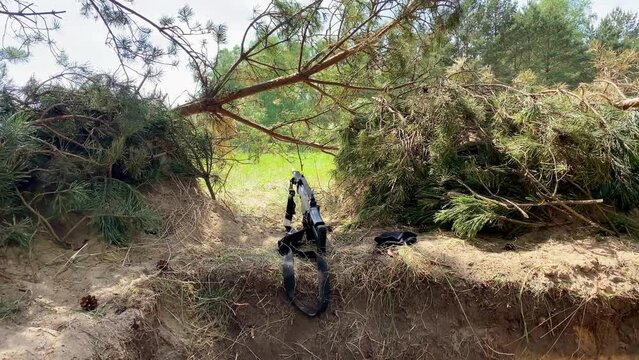 Close up g-36 rifle gun on trenches post for camp protection on viewpoint in military base. Ukraine war and defense counter-attack.Nato troops training and exercise