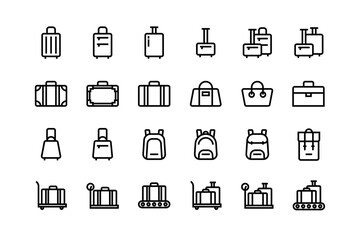 Luggage, baggage, backpacks icon set, adjustable line weight icons, suitcase, backpack, briefcase, purse, travel, symbol, stroke, outline, vector, design, graphic, airport, train station - obrazy, fototapety, plakaty