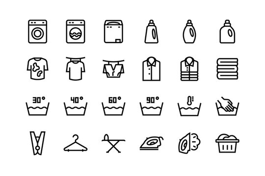 Laundry icon set with adjustable vector line weight including washing machine, washer, detergent, washing equipment, cleaner, basket, hygiene, iron, ironing, temperature, dryer, water, clean icons