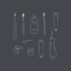Dental care accessories electric toothbrush, regular toothbrush, mouthwash, toothpaste, tooth gel, dental floss, irrigator drawing on black background