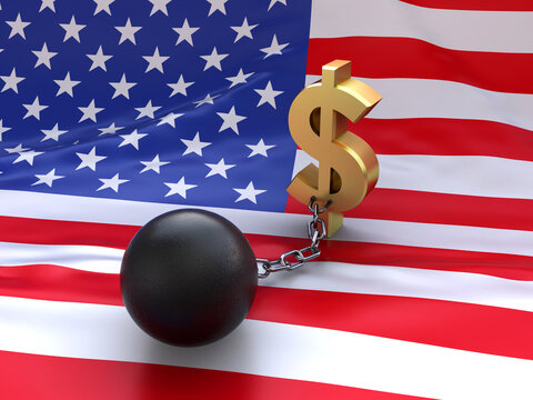Golden dollar symbol attached to the metal ball with chain over the USA flag (3d render)