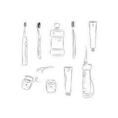 Obraz premium Dental care accessories electric toothbrush, regular toothbrush, mouthwash, toothpaste, tooth gel, dental floss, irrigator drawing on white background