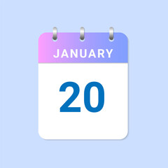 Day of 20th January. Daily calendar of january month on white paper note.