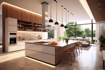 3D Render of a Spacious, High-End Kitchen with a Large Island