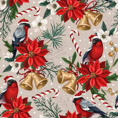 Fototapeta na wymiar Seamless pattern with poinsettia, bullfinches, bells and white flowers. Vector.