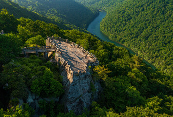 Aerial panoramic image of the Cheat River gorge and the Coopers Rock overlook and viewing platform...