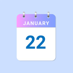 Day of 22nd January. Daily calendar of january month on white paper note.