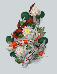 Koi fishes and lotus isolated. Vector.