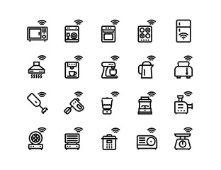 Smart home kitchen appliances icon set, adjustable line weight icons, internet of things, connection, wifi, wireless, fridge, stove, oven, electric, dishwasher, cooktop, maker, kettle design, stroke