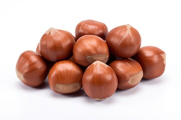 a pile of Hazelnuts sitting on top of each other isolated on white background, created by Generative AI