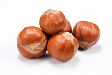 a pile of Hazelnuts sitting on top of each other isolated on white background, created by Generative AI