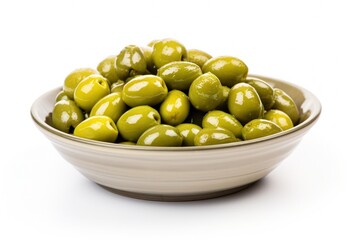 a bowl of green olives on a white background, created by Generative AI