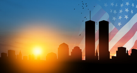 New York skyline silhouette with Twin Towers and USA flag and birds flying up like souls at sunset. 09.11.2001 American Patriot Day banner.