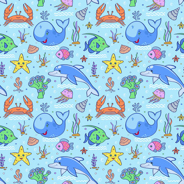 Illustration of sea seamless pattern.Colorful underwater world