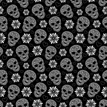 illustration of seamless pattern with abstract floral skulls