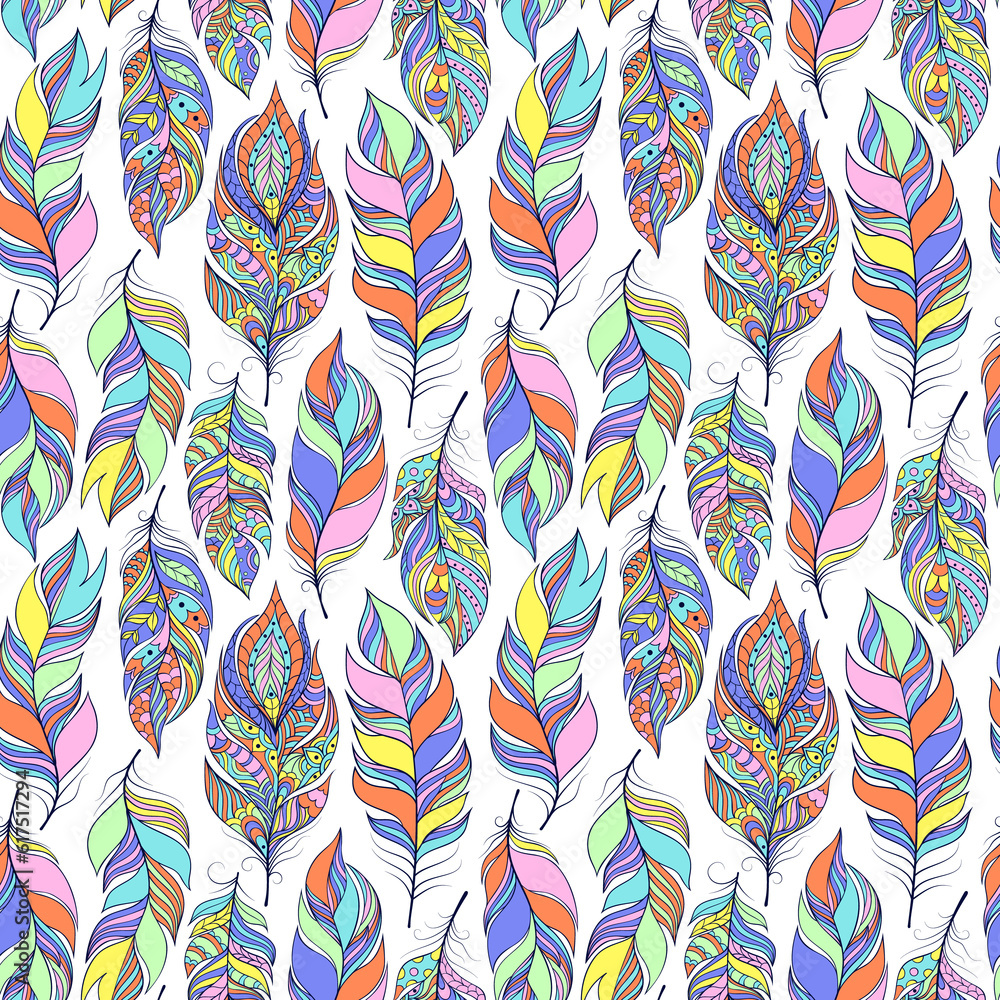Poster illustration of seamless pattern with colorful abstract feathers