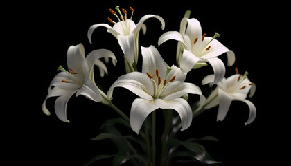 Set of Lilies, isolated on transparent background. 3D render. Hight contrast. Black solid bacground. Created with Generative AI technology.
