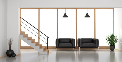Minimalist living room with black armchairs, staircase and large window - 3d rendering
