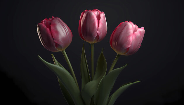 Set of Tulips, isolated on transparent background. 3D render. Hight contrast. Black solid bacground. Created with Generative AI technology.