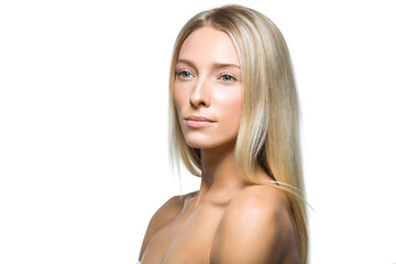 Obraz premium Beautiful young woman with straight blond hair and natural make up isolated on white. Copy space.