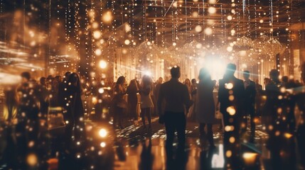 Fototapeta premium silhouettes of blurry dancing people in colorful dynamic new years party background. Festive Celebration crowd