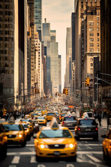 The image captures the frenetic energy of New York City, with cars and people moving quickly through the streets below.