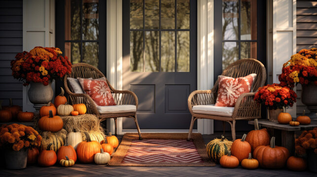 Fall Decorations and Pumpkins on a Front Porch, Generative AI