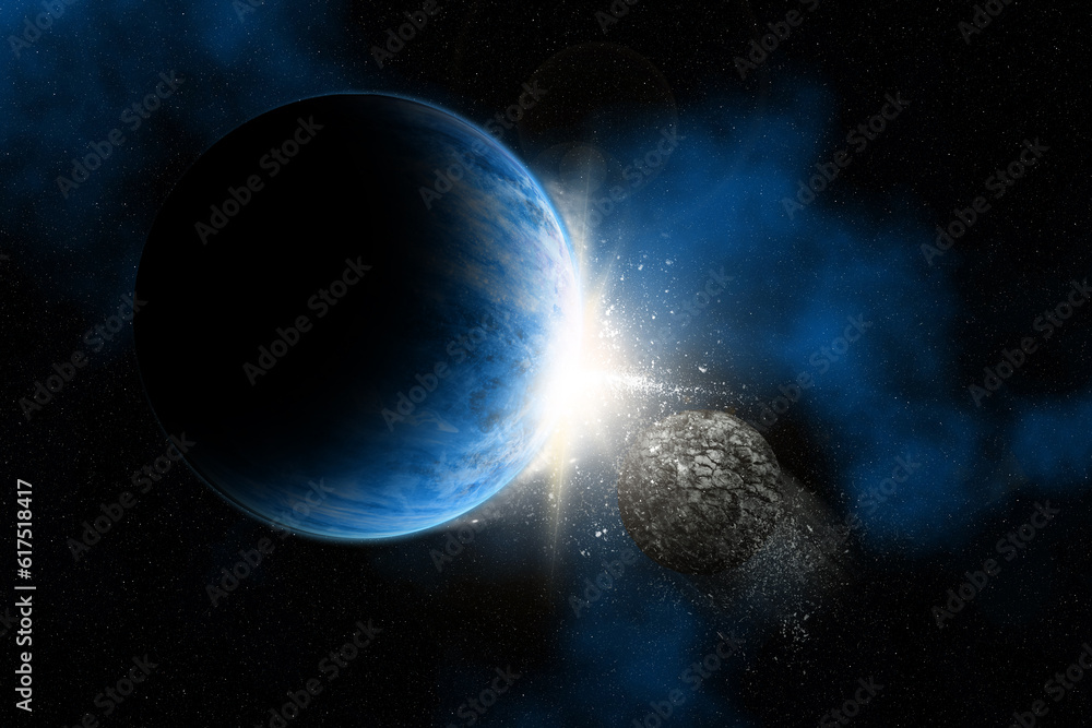Poster 3d render of a space background with fictional planets asteroid rock