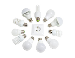 Several different domestic light emitting diode lamps and compact fluorescent lamps with a sized...