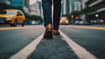 Businessman walking on a road to success, close up leather business shoes walking, goal and target concept