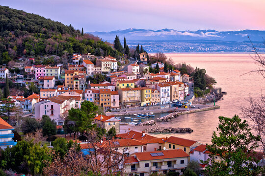 Moscenicka draga village waterfront at dawn, Kvarner bay of Croatia