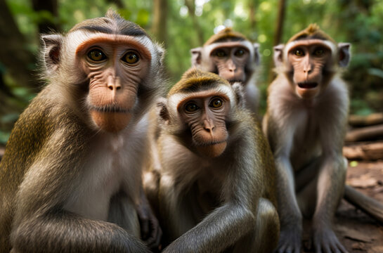 Selfie photo of a group of monkeys in the forest. Generative AI.