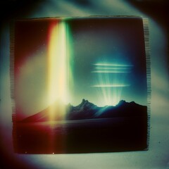 Polaroid photograph of solargraph humanoid dark mountains ufo dreamy solargraph film still award winning photography arty ambient scifi diaphanous layered ultra haute couture spectacular lit by a 