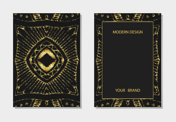 Cover set, vertical templates. Decorative embossed geometric background with 3D pattern, gold texture, space for text. Tribal heritage of the peoples of the East, Asia, India, Mexico, Aztec, Peru.