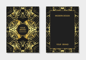 Cover set, vertical templates. Creative embossed geometric background with 3D pattern, gold texture, space for text. Tribal heritage of the peoples of the East, Asia, India, Mexico, Aztec, Peru.