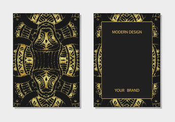 Cover set, vertical templates. Artistic relief geometric background with 3D pattern, gold texture, space for text. Tribal heritage of the peoples of the East, Asia, India, Mexico, Aztec, Peru.