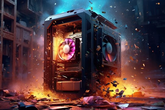 A burning open computer pc tower case with an exploding processor, chipsets and cooling fans, extreme gaming processing power concept