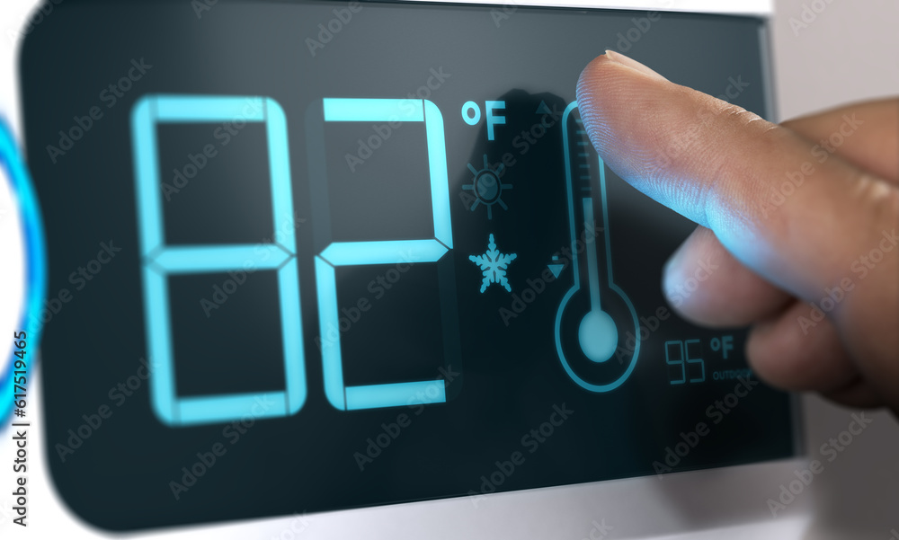 Poster finger touching a digital thermostat temperature controller to set it at 82 degrees fahrenheit. comp