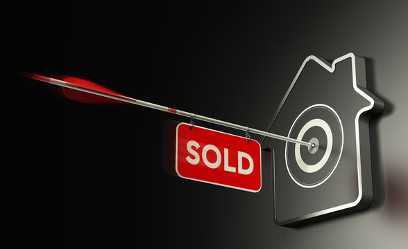 3D illustration of a home shaped target over black background and one arrow in the center with a sign where it is written the word sold. Concept of real estate