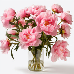 Illustration, AI generation. Bouquet of pink peonies in a glass vase on a white background.