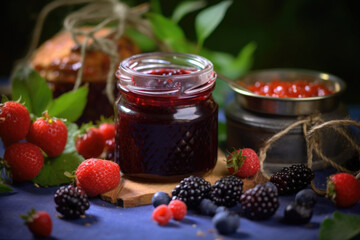 Jar of wild berry jam and fresh berries. Generative AI